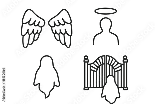 Afterlife beliefs outline icon set. Angel wings, halo, spirit silhouette, heavenly gates and soul concept. Vector line art illustration for death, heaven, faith and religion themes.