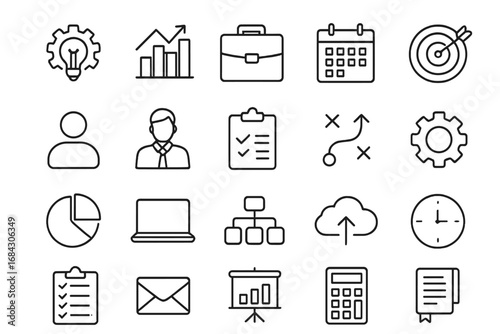 Business and office line icon set. Productivity and management tools outline collection. Vector icons for strategy, planning, finance, marketing and data analysis concepts.