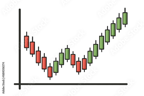 Japanese candlestick chart showing a bull market rally after a double bottom reversal pattern. Stock market trading, financial analysis, and investment growth concept vector.