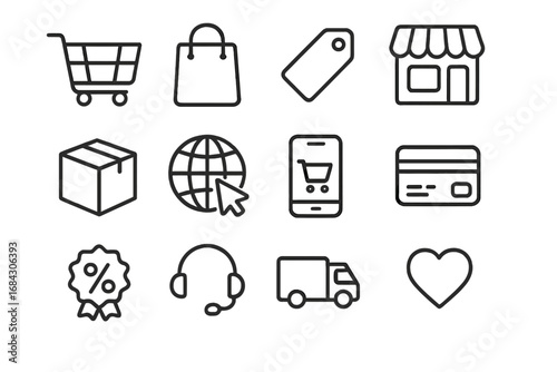E-commerce and online shopping vector line icon set. Merchandising and retail outline collection. For web design, mobile app UI, pictogram. Includes cart, delivery, payment.