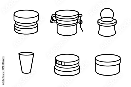 Set of jar and container line icons. Vector graphic illustration of kitchen storage, canning jars, boxes, and lids. Simple, minimalist outline symbols for packaging design.