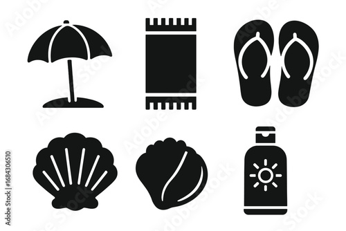 Beach vacation solid icon set. Summer holiday essentials glyph collection. Sun umbrella, towel, flip flops, seashell, sunscreen symbols. Seaside travel vector illustrations.