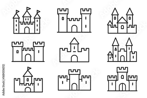 Medieval castle line icon set. Simple outline vector illustration of ancient forts and fortresses. Collection of historical citadel, palace and tower symbols for logo design.