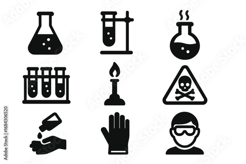 Chemistry experiment solid icon set. Lab equipment and safety symbols collection. Vector glyphs for scientific research, toxic hazard warning, and protective gear pictogram.