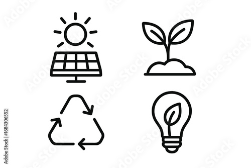 Eco friendly linear icon set with sustainable energy, growth, and ecology symbols. Green technology vector icons of solar panel, recycling, plant sprout, and eco lightbulb.