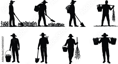 Farmer silhouettes working in field, carrying vegetables, harvesting crops, black vector illustration of agriculture, gardening, farming lifestyle, rural labor, countryside food production