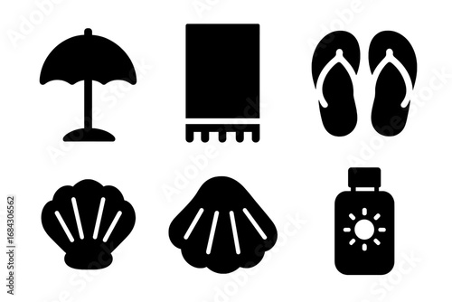 Beach icon set. Solid glyph symbols of summer vacation essentials. Collection includes beach umbrella, towel, flip flops, seashell, and sunscreen. Seaside holiday vector elements.