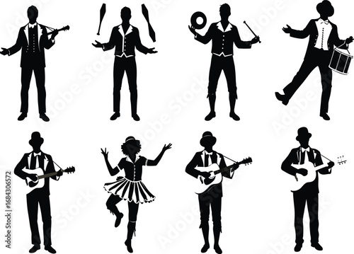 Musician and performer silhouettes, guitar players, jugglers, dancers, drummers, black vector illustration of entertainment, music, performance, festival, concert, stage show, art