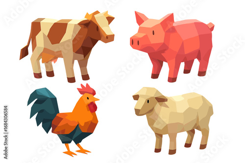 Low poly farm animals set. 3D vector cartoon illustration of a cow, pig, rooster, and sheep. Geometric polygonal style domestic animal collection for kids, isolated on white.