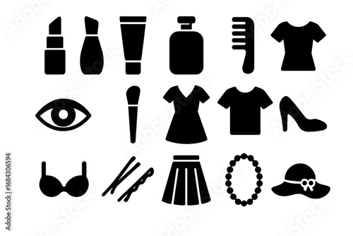 Beauty and fashion solid icon set. Cosmetic, clothing, and accessory collection. Vector glyphs for makeup, apparel, and personal care. Woman's glamour lifestyle elements.