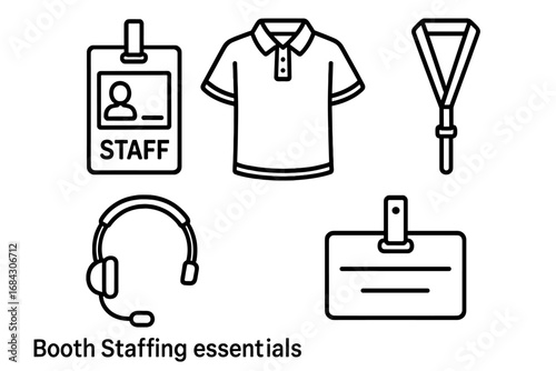 Event staff essentials icon set. Booth staffing and conference personnel equipment. Vector line icons of polo shirt, ID badge, name tag, lanyard, and headset for brand identity.