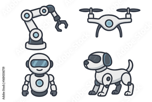 Robotics technology vector icon set. Industrial robotic arm for automation, delivery quadcopter drone, friendly humanoid android, and futuristic robot dog. AI concept illustration.