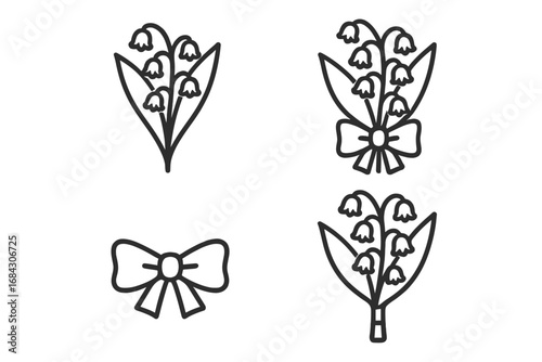 Lily of the valley bridal bouquet outline icon set. Wedding flower line art illustration. Simple floral vector graphics for spring celebration, romance, love, and marriage.