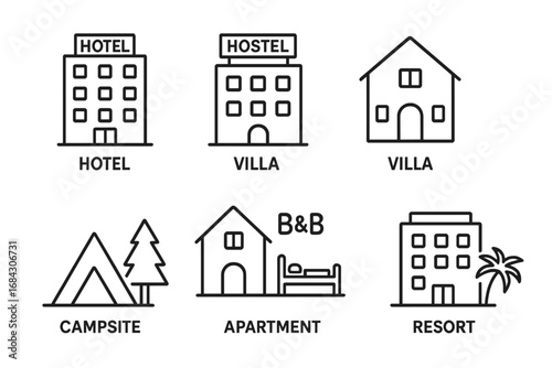 Accommodation line icon set with hotel, hostel, villa, apartment, B&B, resort, campsite. Vector outline symbols for travel booking app, vacation lodging, and tourism website.