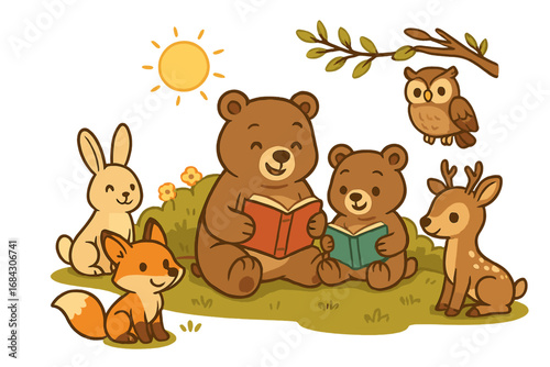 Adorable woodland creatures reading books. Bear parent and child with fox, rabbit, deer, and owl friends. Cute cartoon vector illustration for education, nursery, and kids.