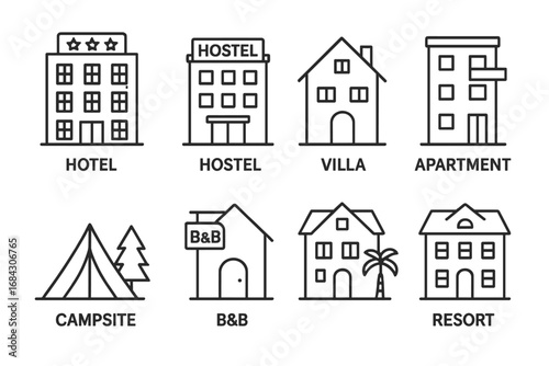 Accommodation icons set. Hotel, hostel, resort, B&B, villa, apartment, campsite. Outline pictograms for travel booking app, website. Vector housing and real estate symbols.