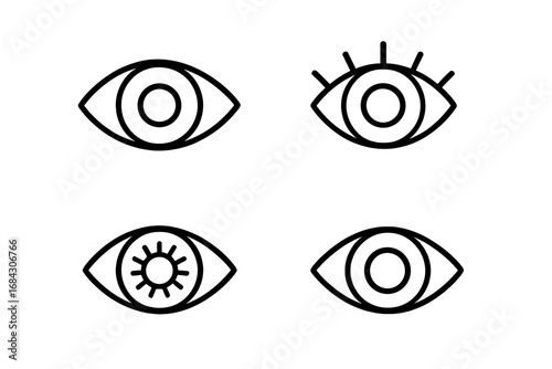 Eye outline icon set. Vision, sight, look symbols. Simple linear vector collection for branding and logo design. Minimalist ophthalmology icons with eyelashes and sun pupil.