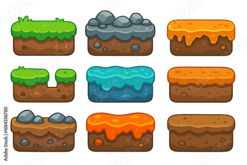Game asset vector tileset for 2D platformer. Cartoon ground blocks for level design. Environment construction kit with grass, soil, water, stone, and lava tile sprites.