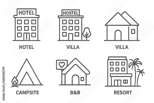 Accommodation line icon set for travel and booking apps. Includes hotel, hostel, resort, villa, B&B, and campsite icons. Vector graphic for web, ui, and tourism design.