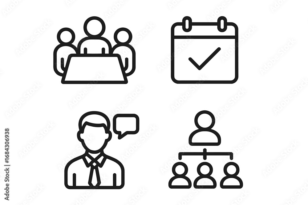 Business meeting outline icon set for corporate presentations and web design. Vector icons include office management, calendar schedule, team communication, and organization chart.