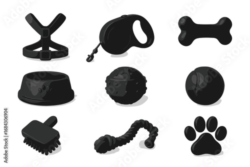 Pet shop icons set. 3D black dog accessories for walking, feeding, grooming, and playing. Vector illustrations of equipment like leash, harness, bowl, ball, bone, and brush.