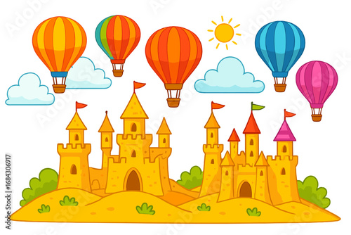 Hot air balloon festival over sandcastle kingdom. Fantasy travel concept. Summer fairytale landscape with sand castles, sun, clouds. Cartoon vector illustration for kids.