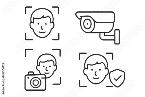 Face recognition linear icon set. Biometric identification system, security camera, and surveillance technology. Vector outline pictogram collection for identity verification.