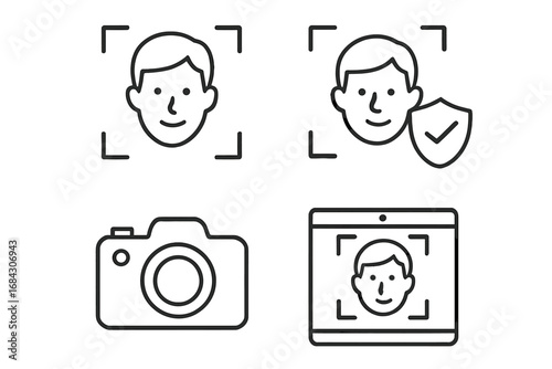 Face recognition linear icon set. Biometric identification and security technology. Outline icons of face scan, camera, verification shield, and personal ID access system.