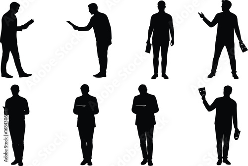Silhouettes of businessmen holding books, male office workers standing and reading, corporate lifestyle vector illustration, professional men silhouette design for business concept