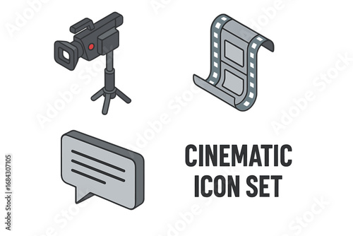 Cinematic icon set isometric vector. Game cutscene elements with camera on tripod, film strip scroll, and subtitle text box. Movie making, video production, and filmmaking concept.