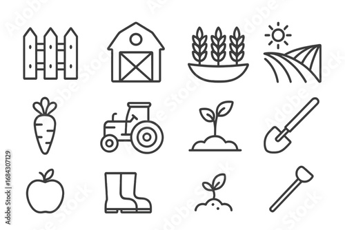 Agriculture line icon bundle. Modern farm and harvest collection for design. Vector linear symbols of fence, barn, tractor, wheat, carrot, apple, sprout, and shovel.