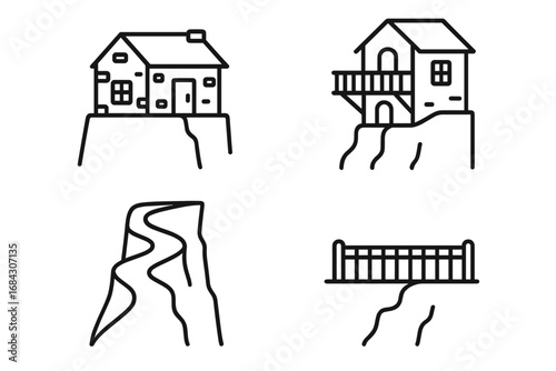 Vector icon set of cliffside houses. Outline cartoon illustration of human settlement on a rock. Stone cottage, balcony, winding path, and bridge. Mountain village concept icon.