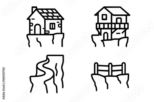 Cliffside settlement outline icon set. Vector illustration of a remote village on a mountain. Includes stone cottage, house with balcony, winding path, and cliff railing.