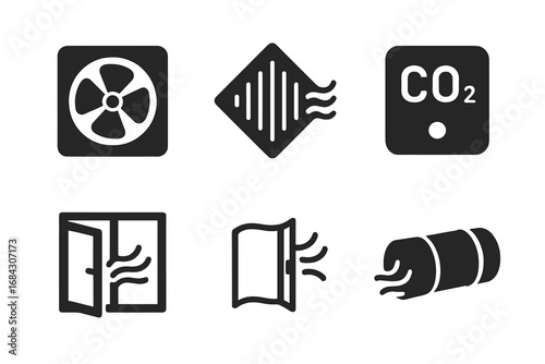 Air quality and ventilation solid icon set. Vector glyph symbols of HVAC system, exhaust fan, air filter, CO2 sensor, open window, and fresh air circulation for cleaner indoor environment.