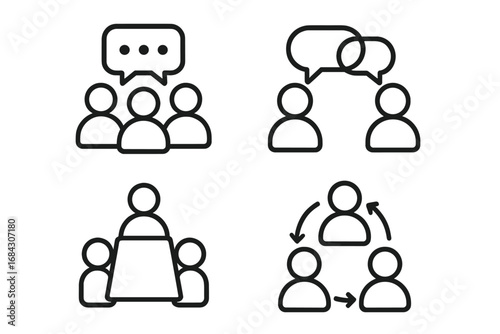 Communication and collaboration outline icon set. Vector symbols for group meeting, teamwork, presentation, and discussion. Business conference and workflow pictogram collection.