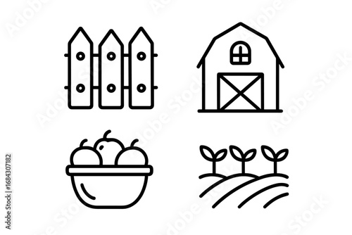 Agriculture and farming line icon set. Collection of simple outline symbols for organic food, harvest, and rural life. Includes barn, fence, fruit bowl, and field with sprouts.
