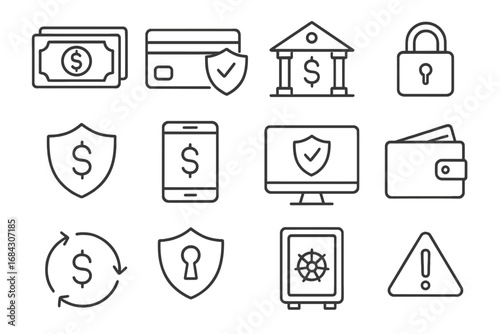 Finance security line icon set. Banking and payment protection outline icons. Concept mobile banking, secure transaction, online wallet, money transfer, deposit vector symbols.
