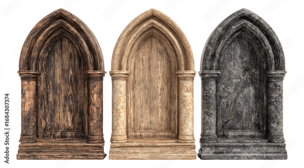Fototapeta premium Three Isolated Archways in Different Textures on Transparent Background