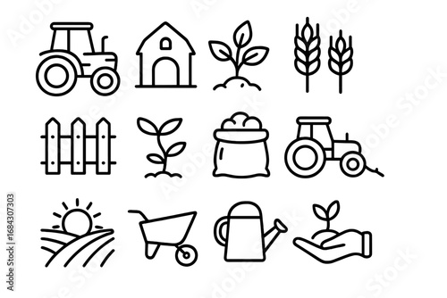 Agriculture and farming thin line icon set. Contains farm life symbols like tractor, barn, wheat, and sprout. Vector outline illustration for organic food, harvest, and eco concepts.