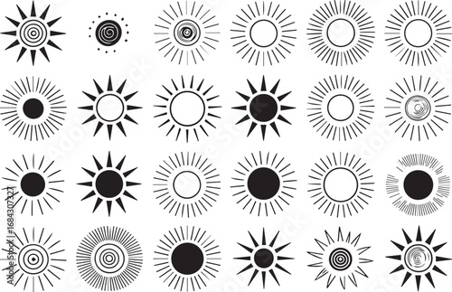 abstract sun symbol vector set featuring 24 ornamental circular designs ideal for nature weather web and print graphics