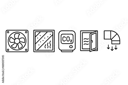 Air quality and ventilation outline icon set. Vector symbols of HVAC, air filter, fan, CO2 monitor, open window, and duct. Climate control and air purification concept.