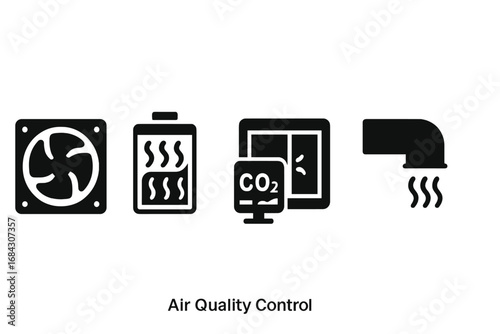 Air quality solid icon set with ventilation fan, purifier filter, CO2 sensor, open window, HVAC duct. Concept of clean air, pollution control, smart home automation.