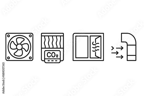 Air quality control outline icons. Ventilation system, fan, air filter, CO2 monitor, open window, HVAC duct symbols. Fresh air circulation and pollution sensor vector pictograms.