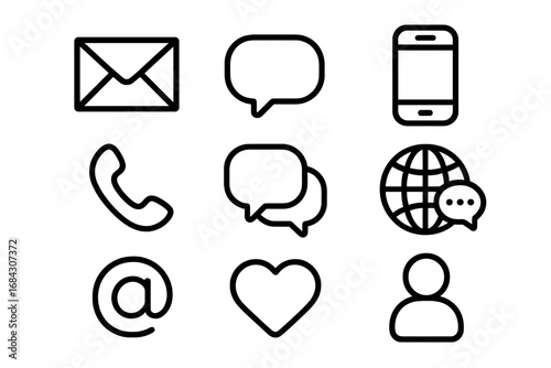 Communication and messaging outline icon set for web and mobile. Vector symbols for email, chat, social media, and contact. User interface elements. Line art illustration.