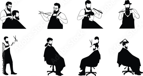 Silhouettes of barbers cutting hair, barber shop illustration vector, men’s grooming, hairstylist with scissors and comb, haircut service, black barber silhouette design