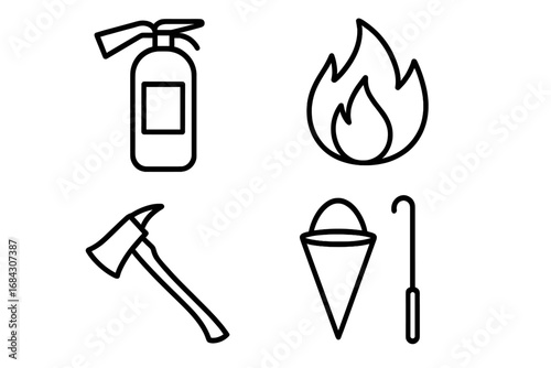 Fire safety and firefighting equipment line icon set. Vector illustration of emergency tools collection. Extinguisher, flame, axe, bucket symbols. Protection and prevention concept.