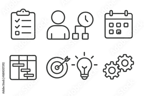 Project management line icon set. Business process and workflow organization. Planning, strategy, and task management symbols. Gantt chart, calendar, target, and idea icons.