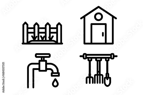 Community garden outline icon set. Vector pictogram collection of urban farming elements. Includes garden plot, fence, shed, water spigot, and shared gardening tools rack.