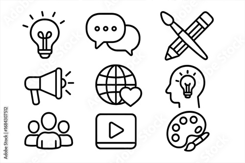 Communication and creativity line icon set. Icons for innovative ideas, social media, marketing, and artistic design. Vector collection for web, apps, and business.