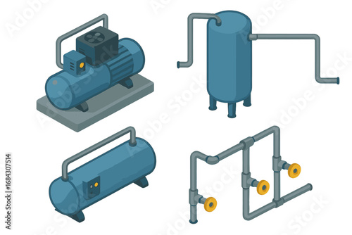 Isometric compressed air utility icon set. Vector illustrations of industrial equipment, including air compressor unit, pressure tank, utility pipeline, and valves. Cartoon style.